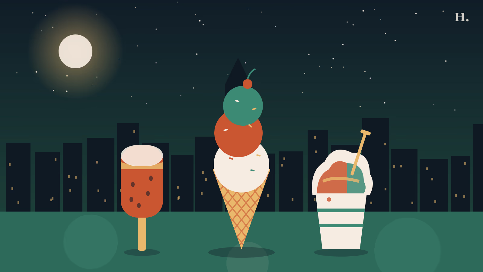 Best ice cream Houston illustration: a waffle cone, paleta and snowball under the night skyline