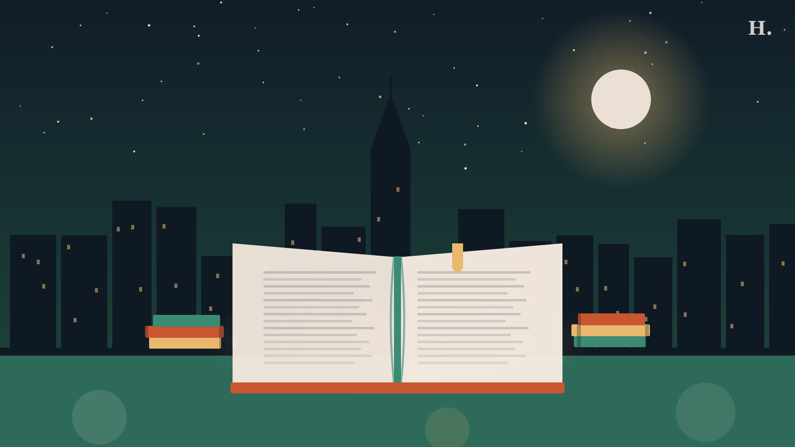 Best independent bookstores in Houston: open book glowing against night skyline illustration