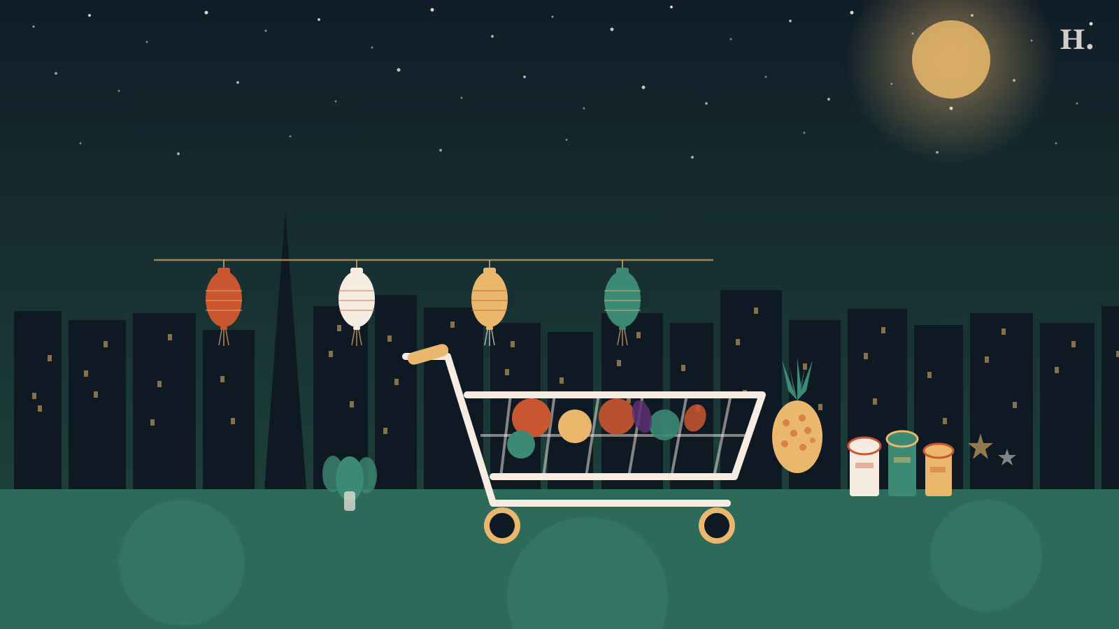Asian supermarkets Houston illustration: paper lanterns, shopping cart and international produce at night