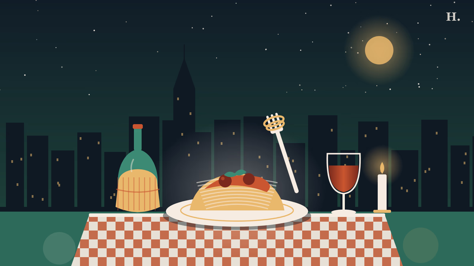 Best Italian restaurants Houston illustration: spaghetti, Chianti bottle and candlelight against the downtown skyline