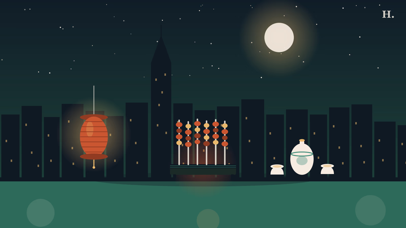 Best izakayas in Houston: paper lantern glowing over yakitori skewers on a grill against the Houston skyline at night