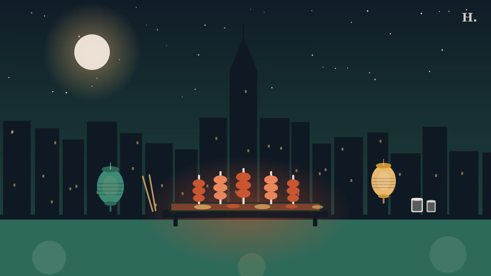 Best Japanese restaurants Houston illustration showing yakitori skewers over binchotan grill with paper lanterns and downtown skyline