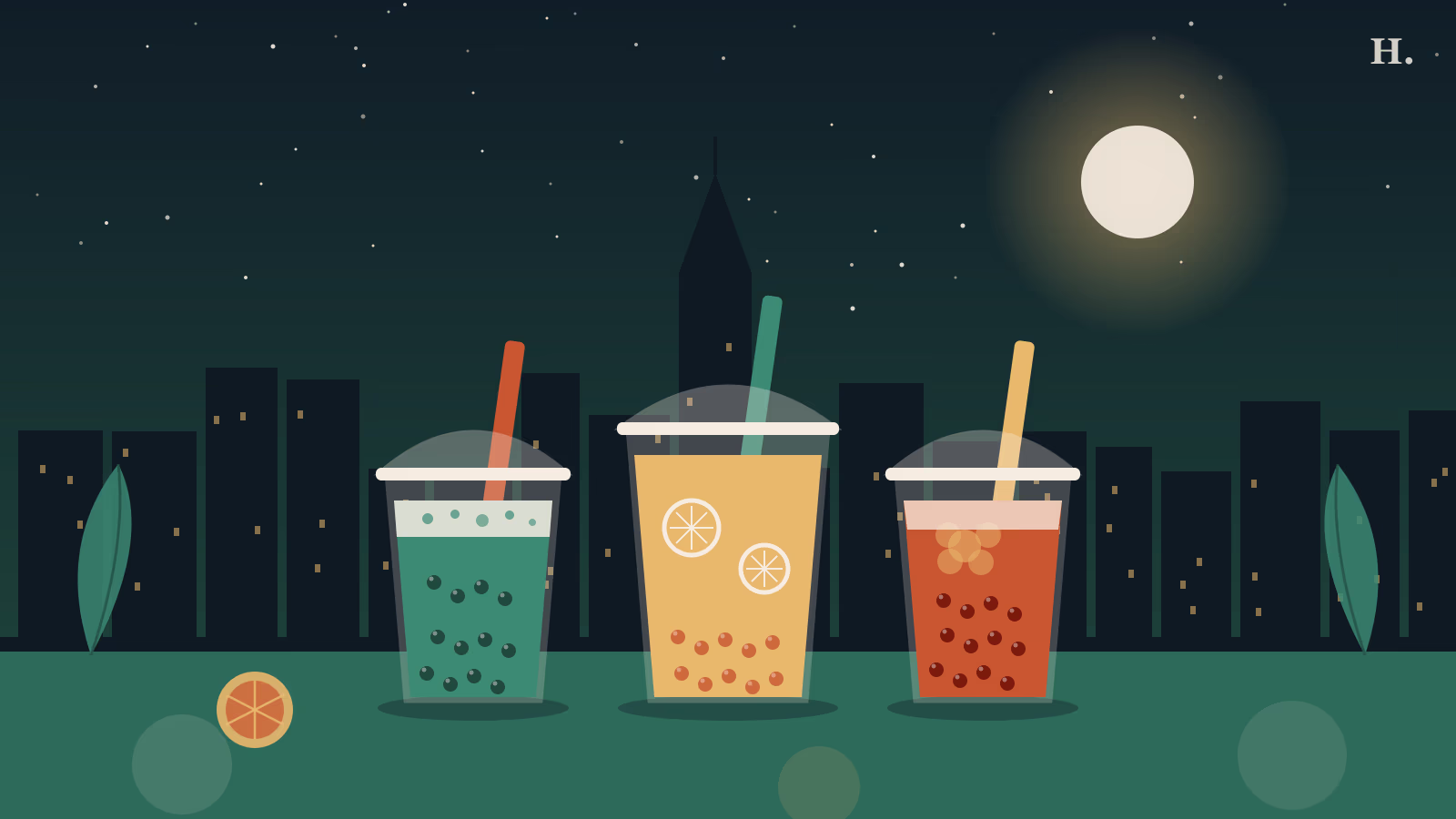Best juice bars in Houston illustration: cold-press glasses and agua fresca cups against the Houston skyline at night