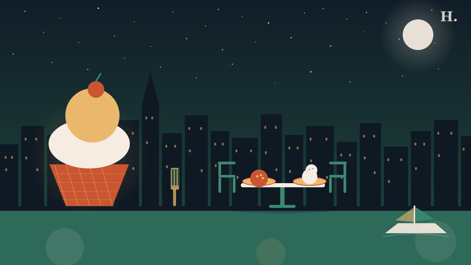 Kid-friendly restaurants Baytown TX illustration: ice cream cone, dinner table with plates, and a boat on the bay at night