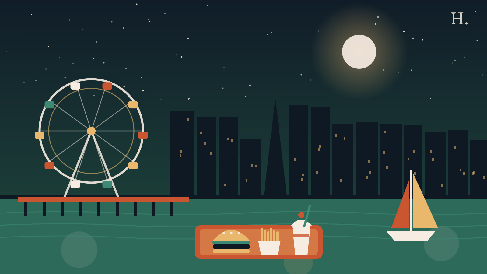 Illustration of kid friendly restaurants in Clear Lake with a sailboat, Ferris wheel and kids' meal tray