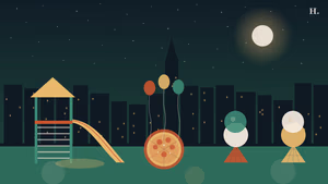 Kid-friendly restaurants in Conroe TX illustration: playground slide, round pizza with toppings and ice cream cones under a night sky