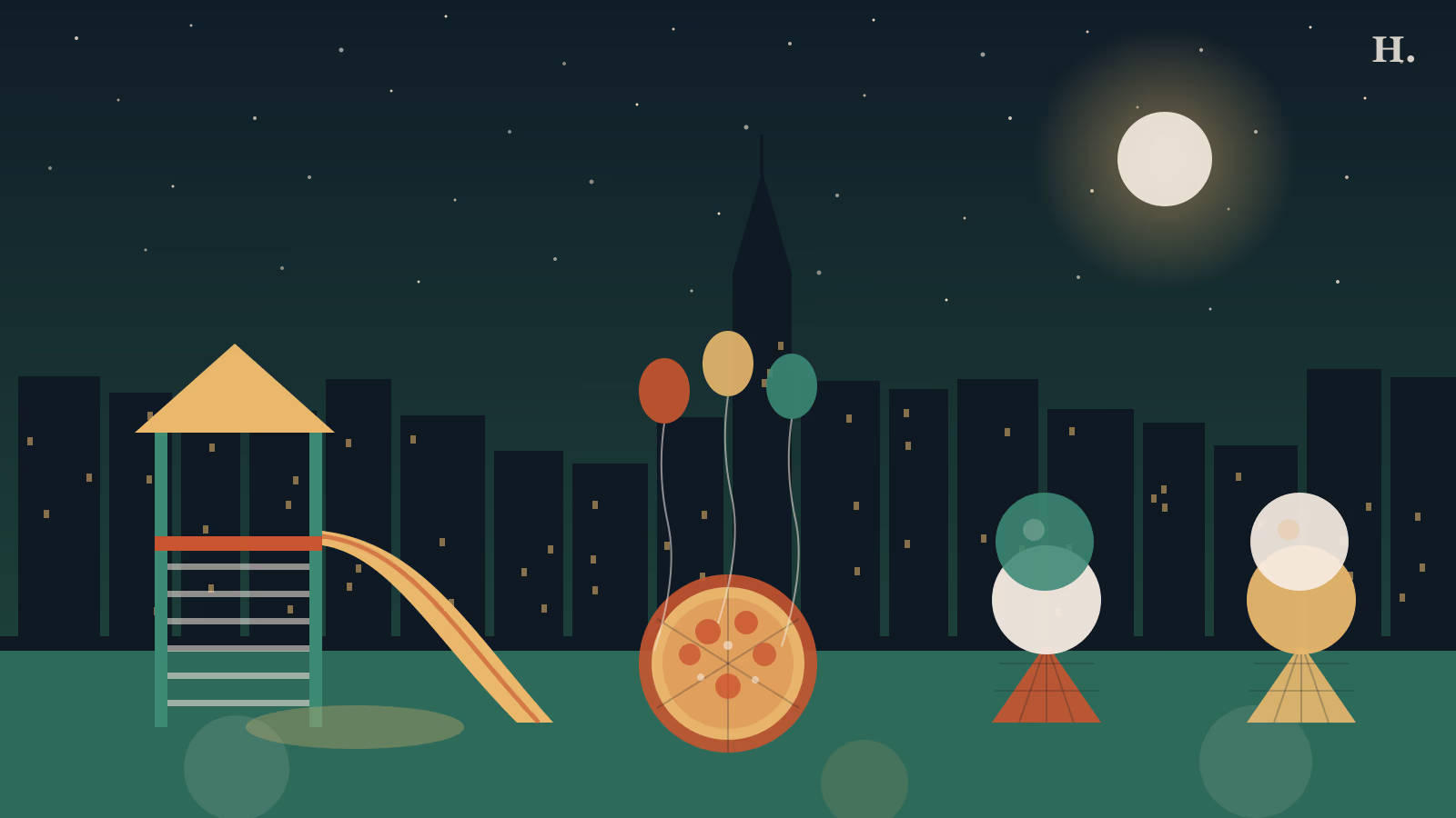 Kid-friendly restaurants in Conroe TX illustration: playground slide, round pizza with toppings and ice cream cones under a night sky