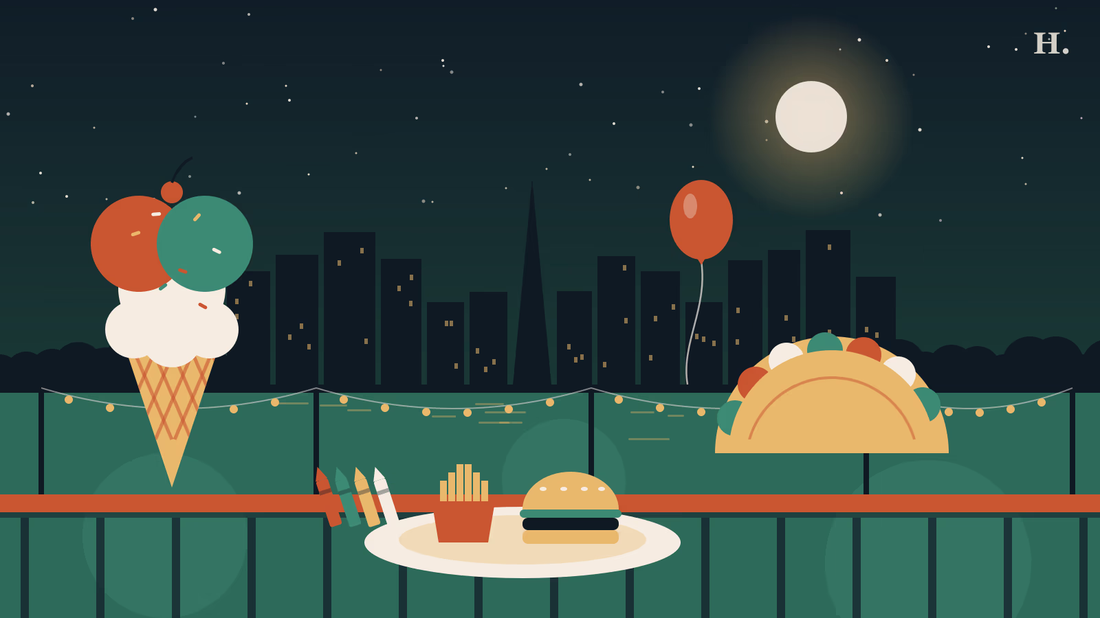 Kid friendly restaurants Cypress illustration: ice cream cone, taco, kids meal and crayons by a lakeside boardwalk
