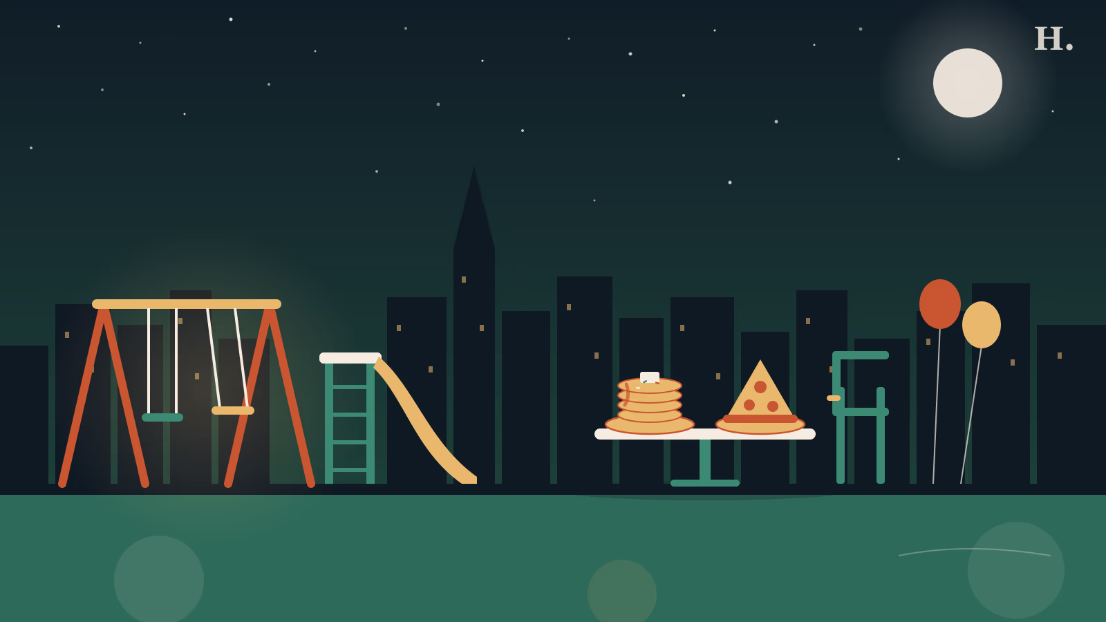 Kid-friendly restaurants in Humble illustration: swing set, slide, pancakes and pizza on a table at night