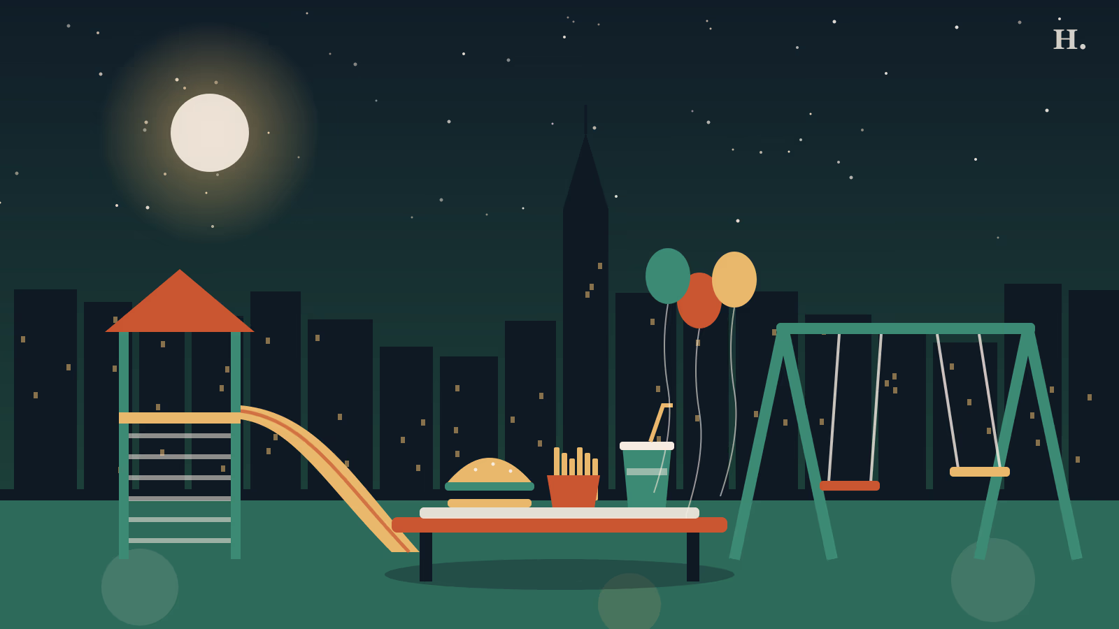 Kid friendly restaurants Katy illustration: playground slide, swings, kids meal and balloons at night