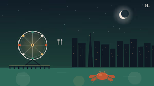 Kid-friendly restaurants in Kemah TX illustration: Ferris wheel on the boardwalk, crab in Galveston Bay, night skyline