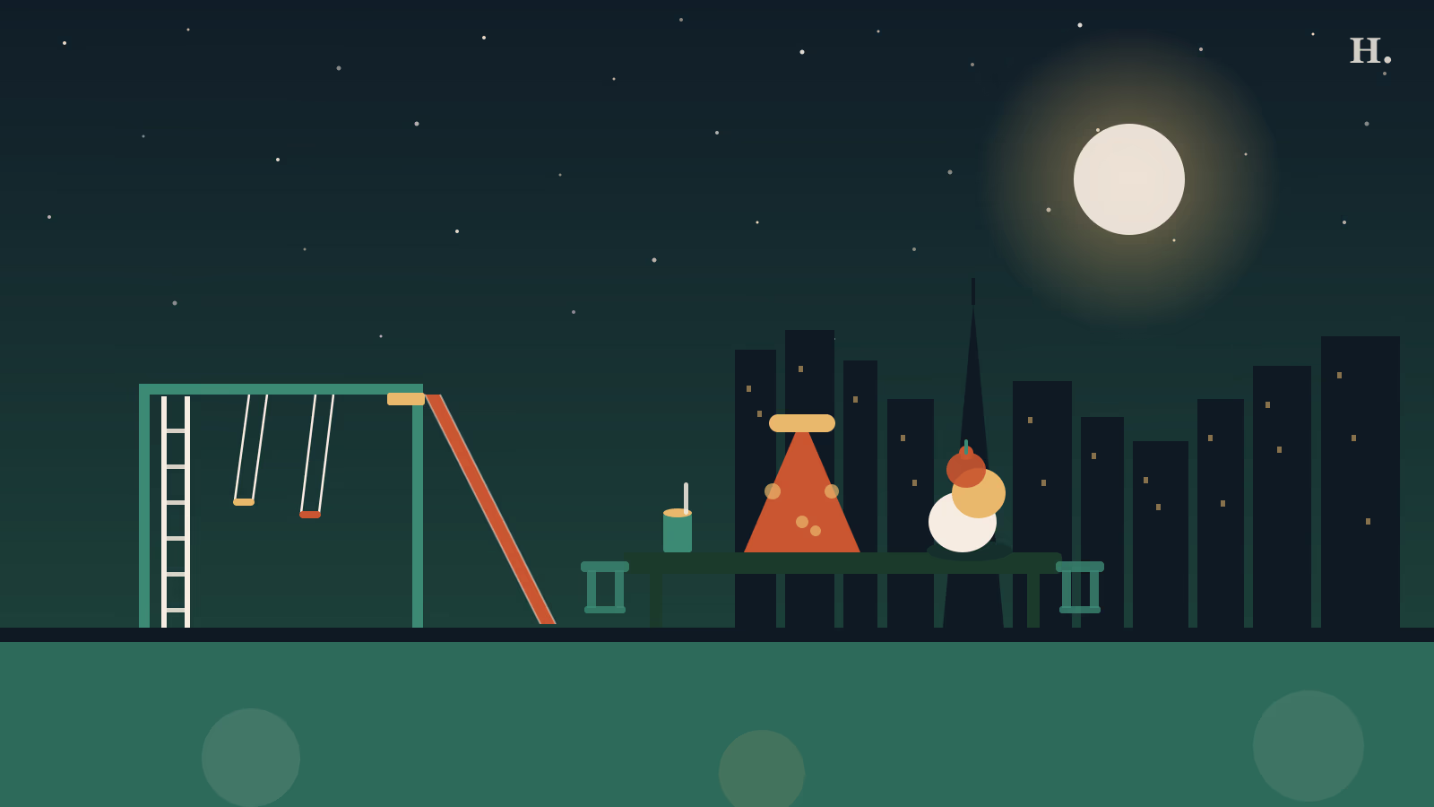 Night scene with playground swings, slide and kid-friendly restaurant food in League City TX