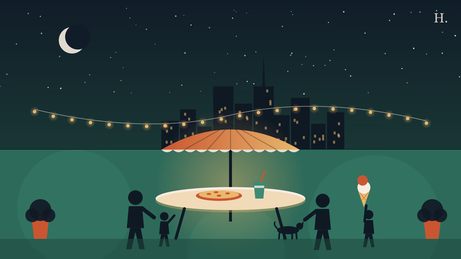 Family friendly restaurants Montrose illustration: patio table with pizza, umbrella, string lights and a child with ice cream