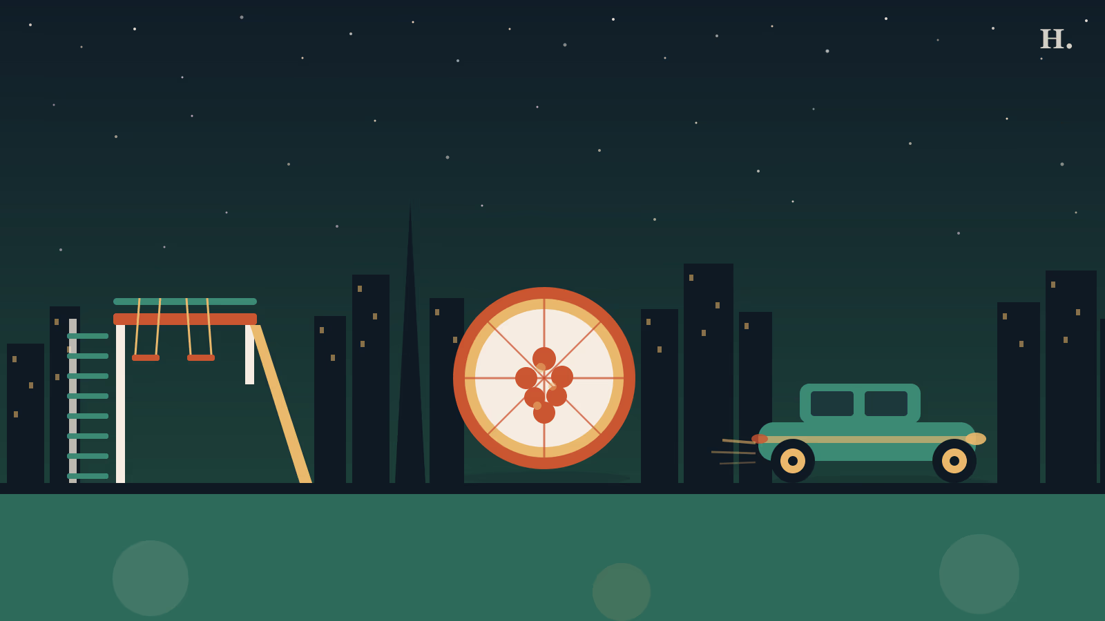 Kid-friendly restaurants in Pasadena TX: playground slide, pizza, and go-kart under Houston night sky