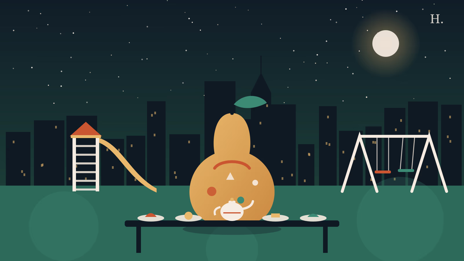 Kid friendly restaurants Pearland illustration: playground slide, giant pear and family dinner table at night