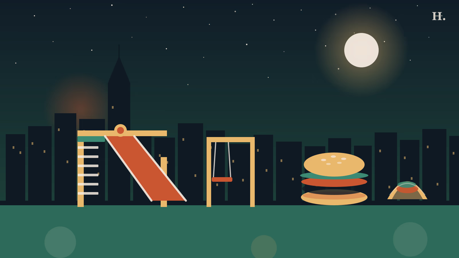 Kid-friendly restaurants in Spring TX illustration: playground slide and burger under a night sky