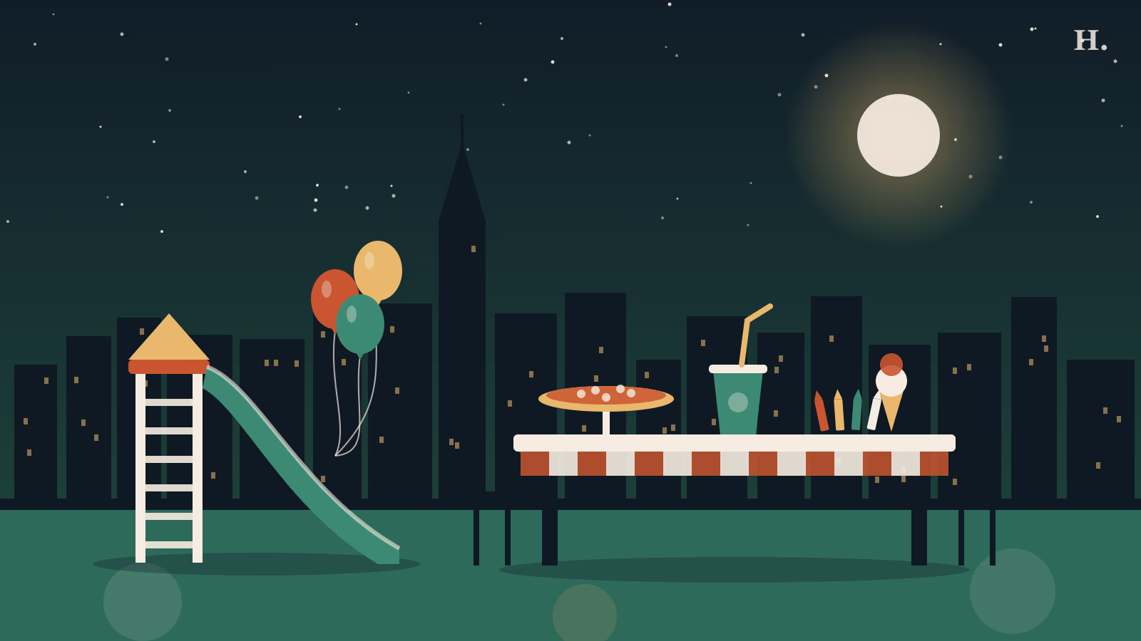 Illustration of kid friendly restaurants Sugar Land night scene with playground slide and family table