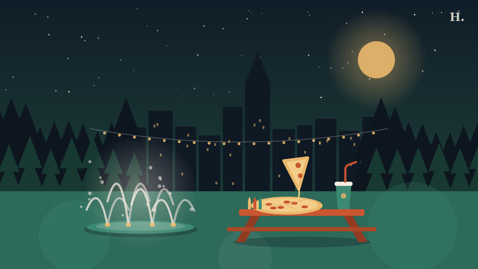 Illustration of kid friendly restaurants in The Woodlands: splash pad, pizza and pines at night