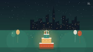 Kids birthday party places Houston illustration: birthday cake with candles, balloons, and Houston skyline at night
