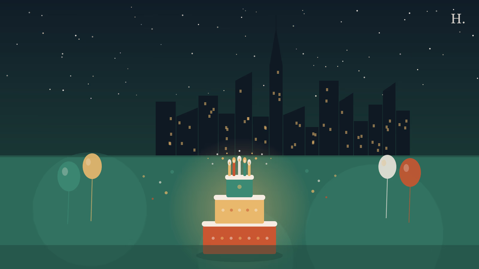 Kids birthday party places Houston illustration: birthday cake with candles, balloons, and Houston skyline at night