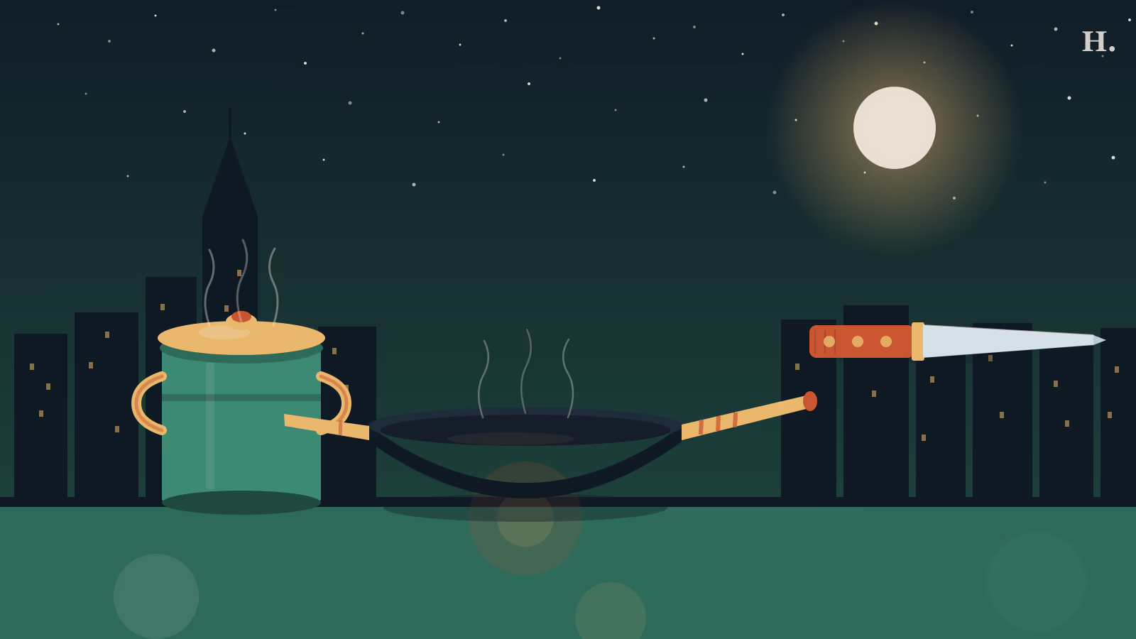 Kitchen supply stores Houston illustration: stockpot, wok and chef's knife against the Houston night skyline