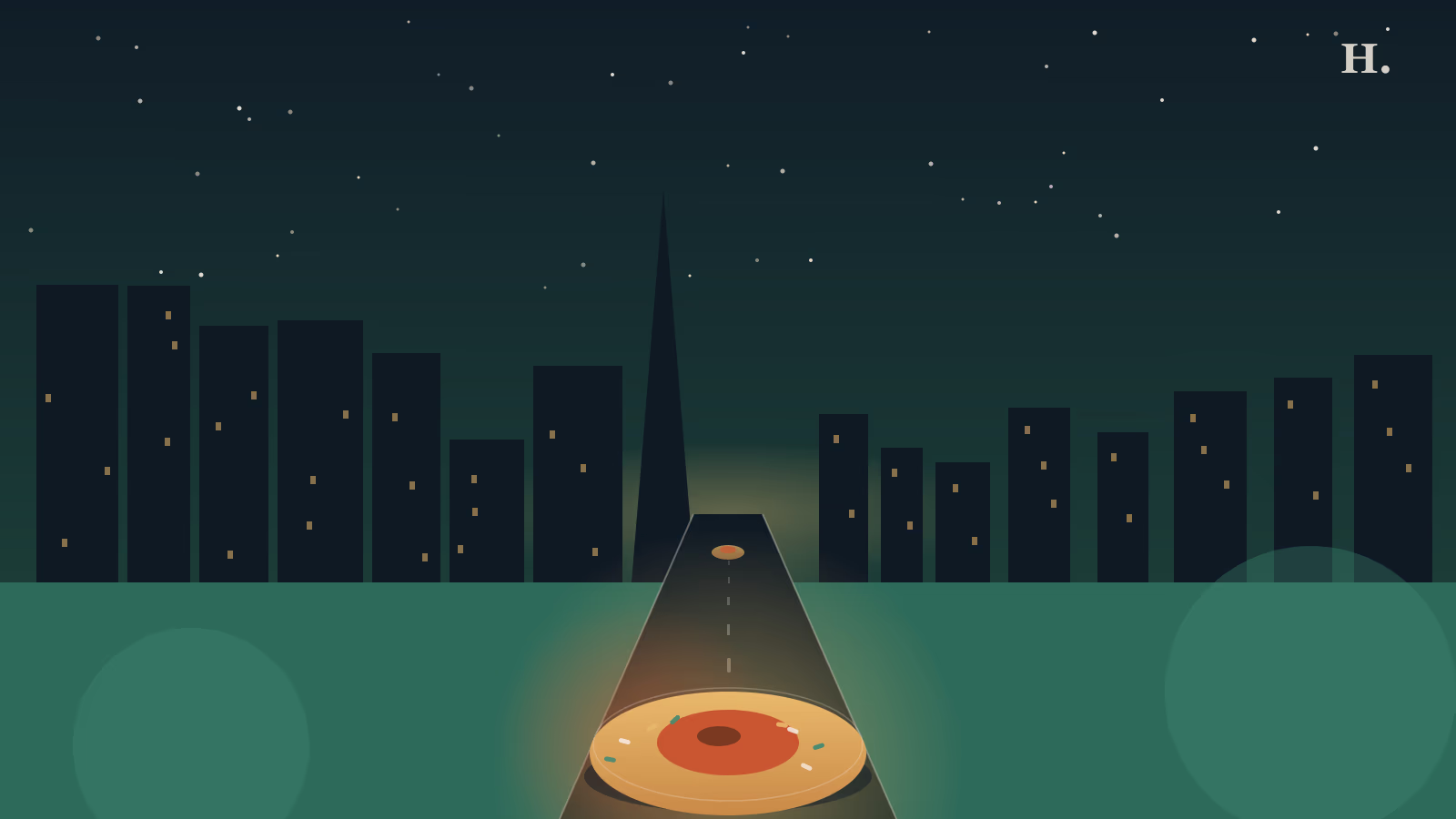 Kolaches road trip Texas: a golden kolache on a night highway with the Houston skyline silhouette behind