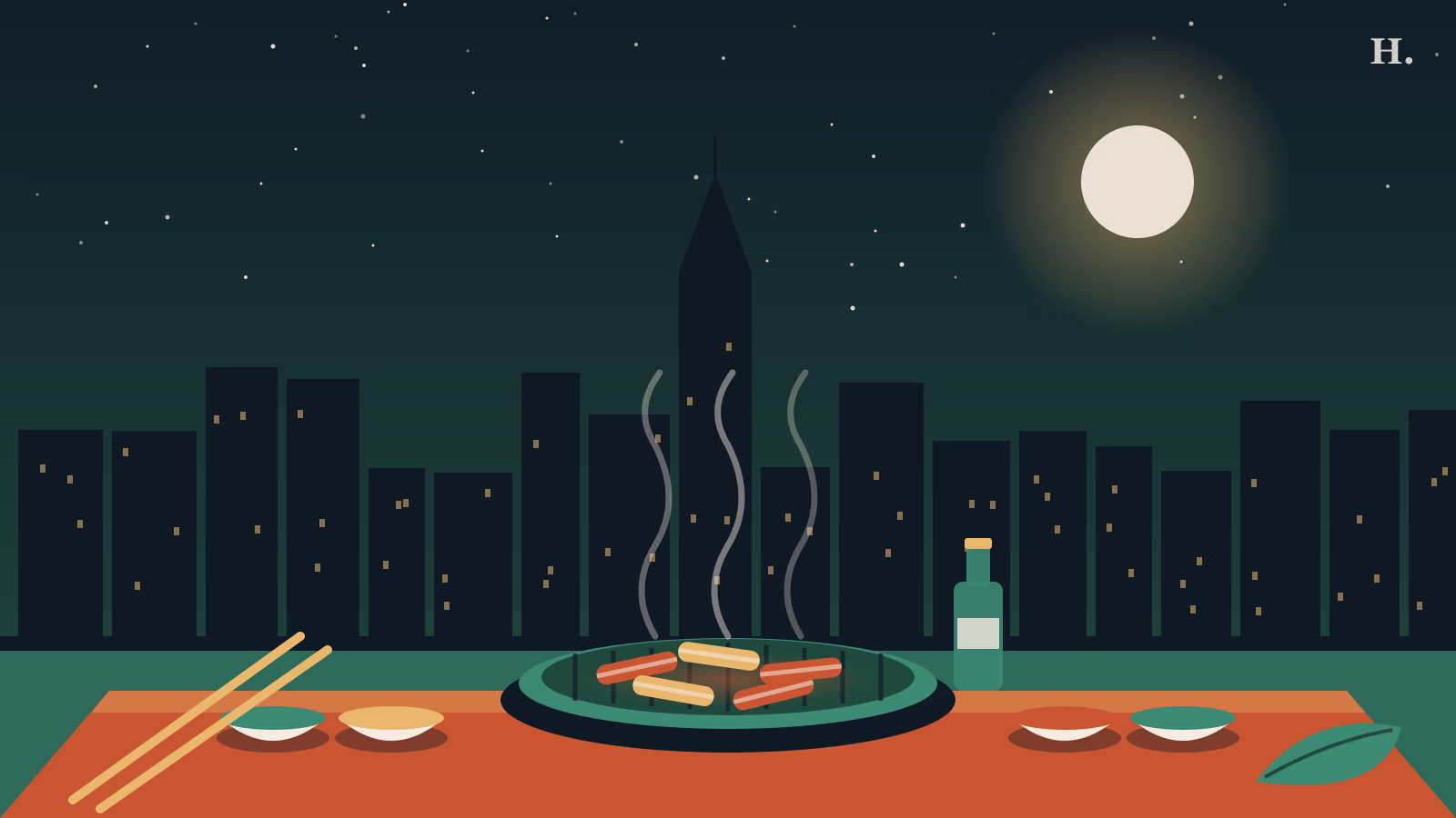 Illustration of a tabletop grill with sizzling meat for a korean bbq houston guide