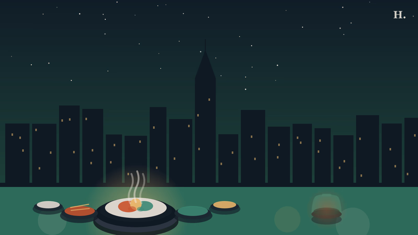 Korean restaurants in Houston guide: stone bowl bibimbap with banchan dishes and night skyline