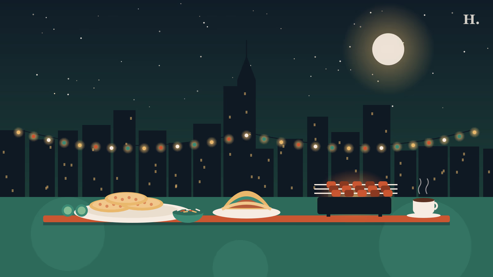 Latin restaurants Houston illustration: pupusas, arepas and a grill under the downtown skyline at night