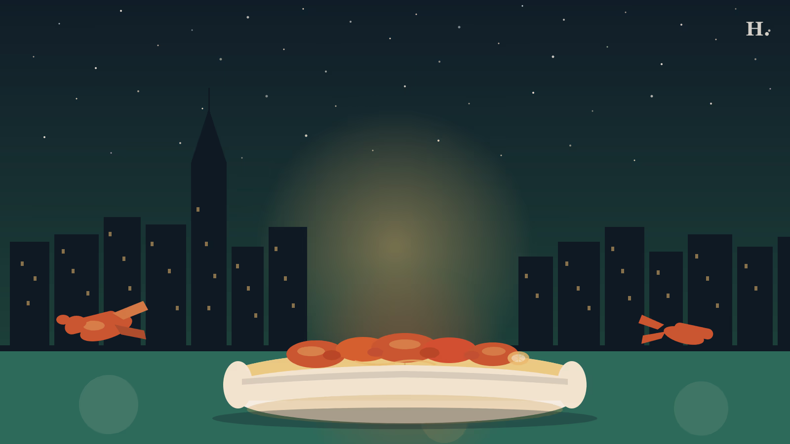 Lobster roll Houston illustration: split-top bun with lobster claw and Houston skyline at night