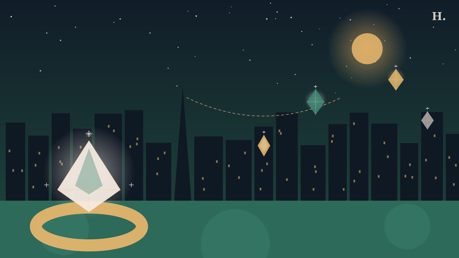 Diamond engagement ring and floating gems over Houston night skyline, jewelry stores houston
