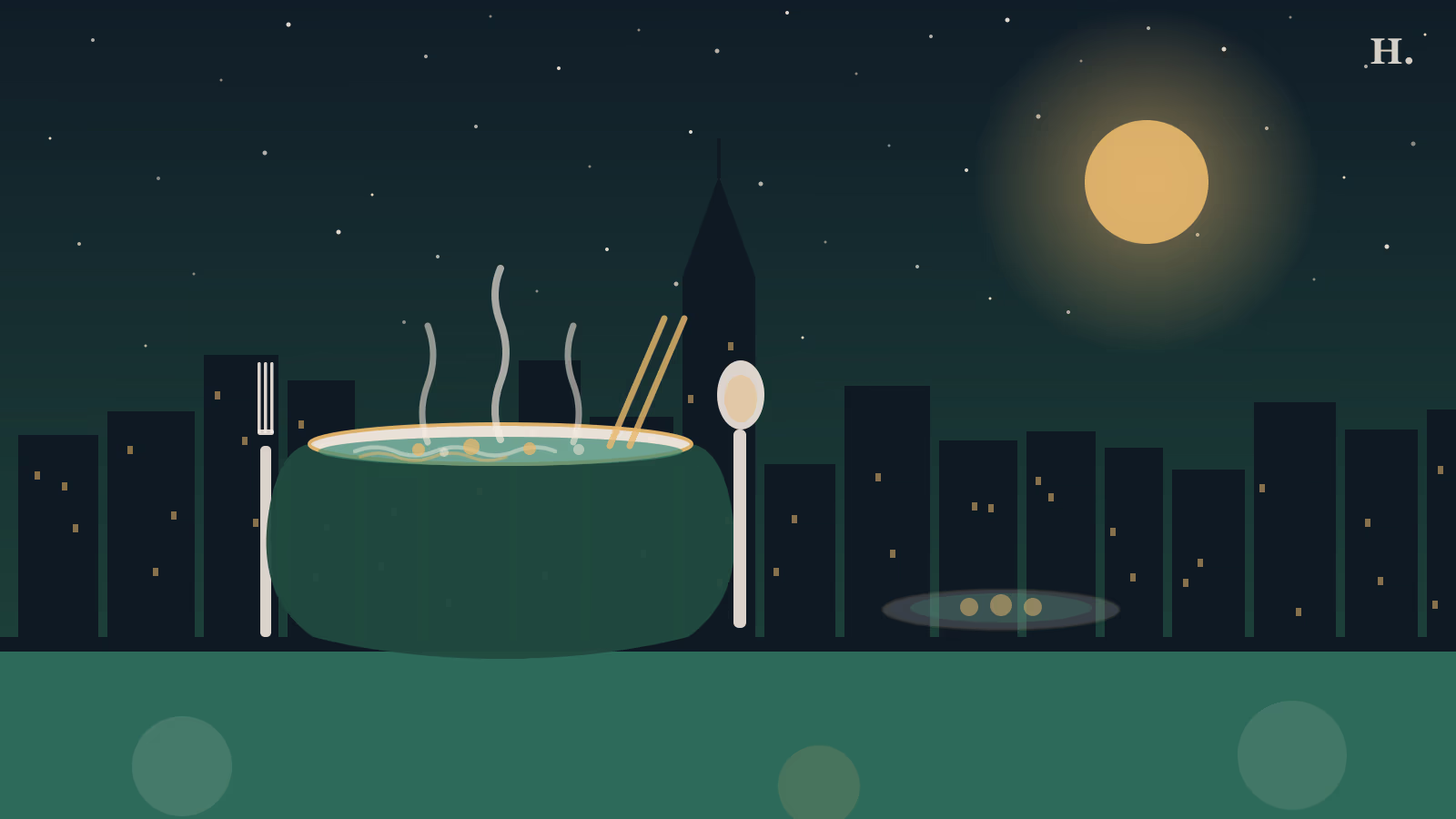Best lunch spots in Houston illustration: steaming bowl and utensils against downtown skyline at night