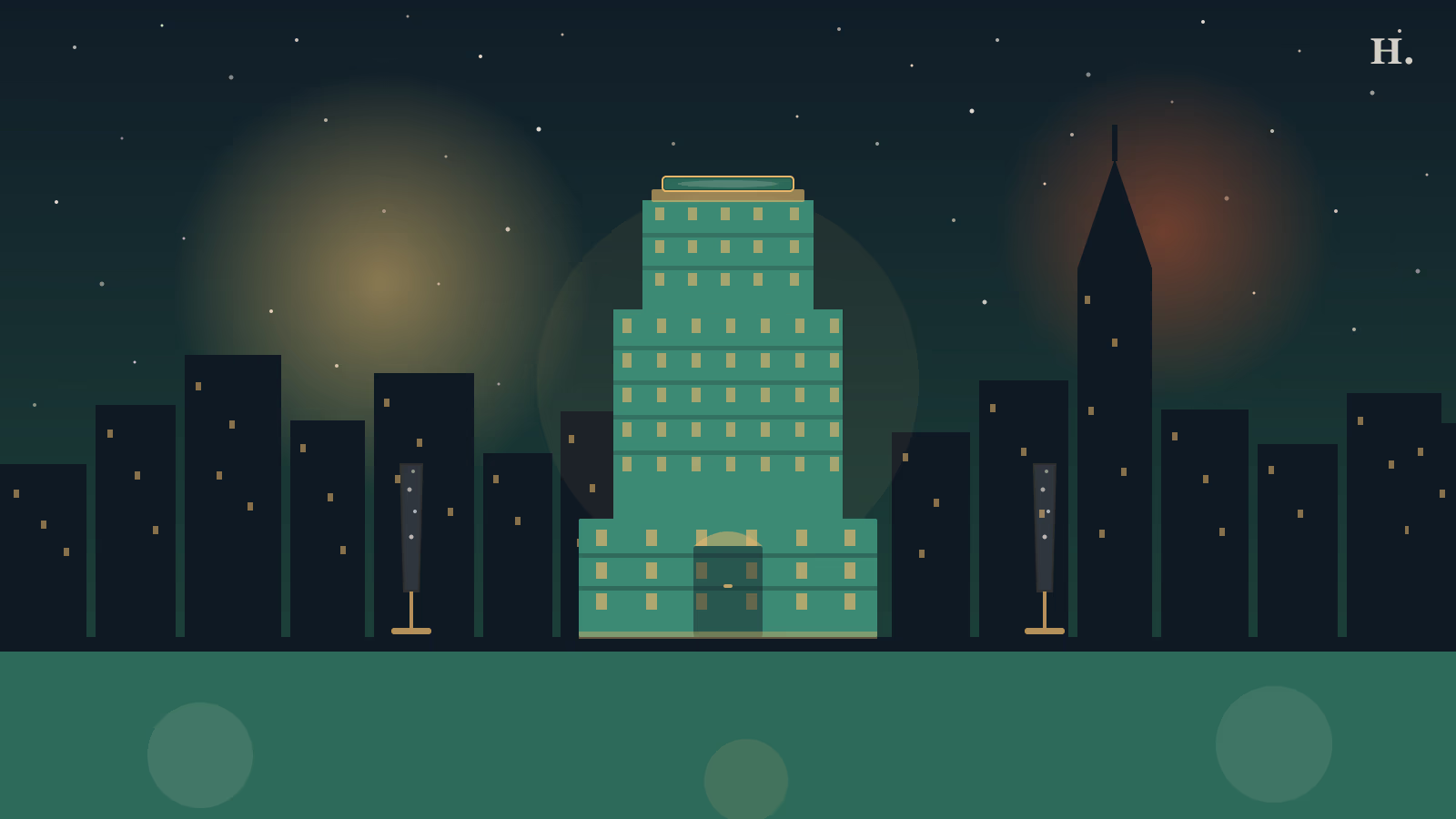 Best luxury hotels Houston illustration showing a tall hotel tower with rooftop pool and champagne flutes under a night sky