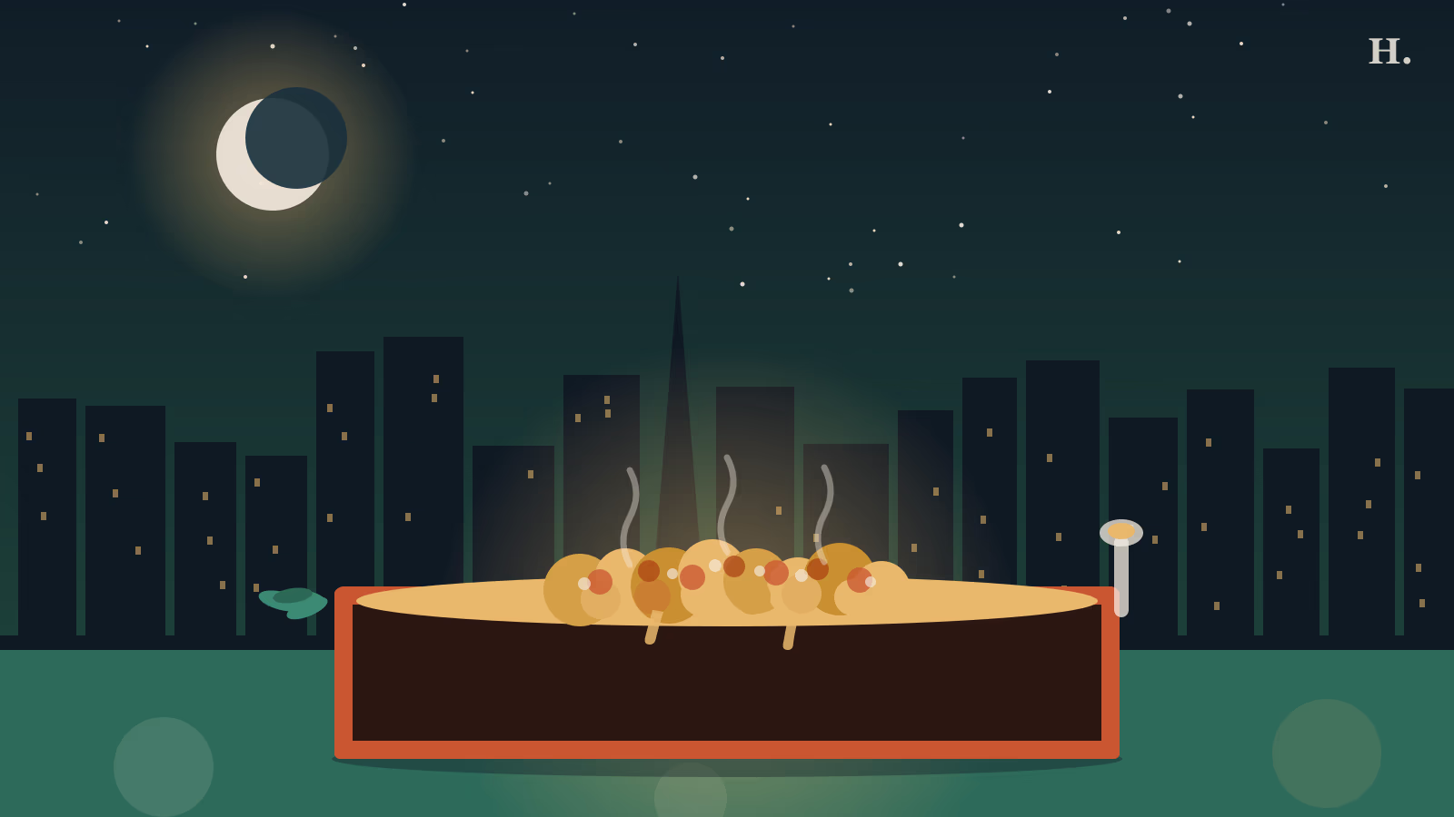 Best mac and cheese in Houston illustration: golden baking dish of bubbly mac and cheese against the Houston night skyline