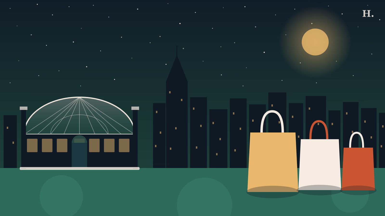 Best malls in Houston: glass shopping mall atrium dome with shopping bags against night skyline