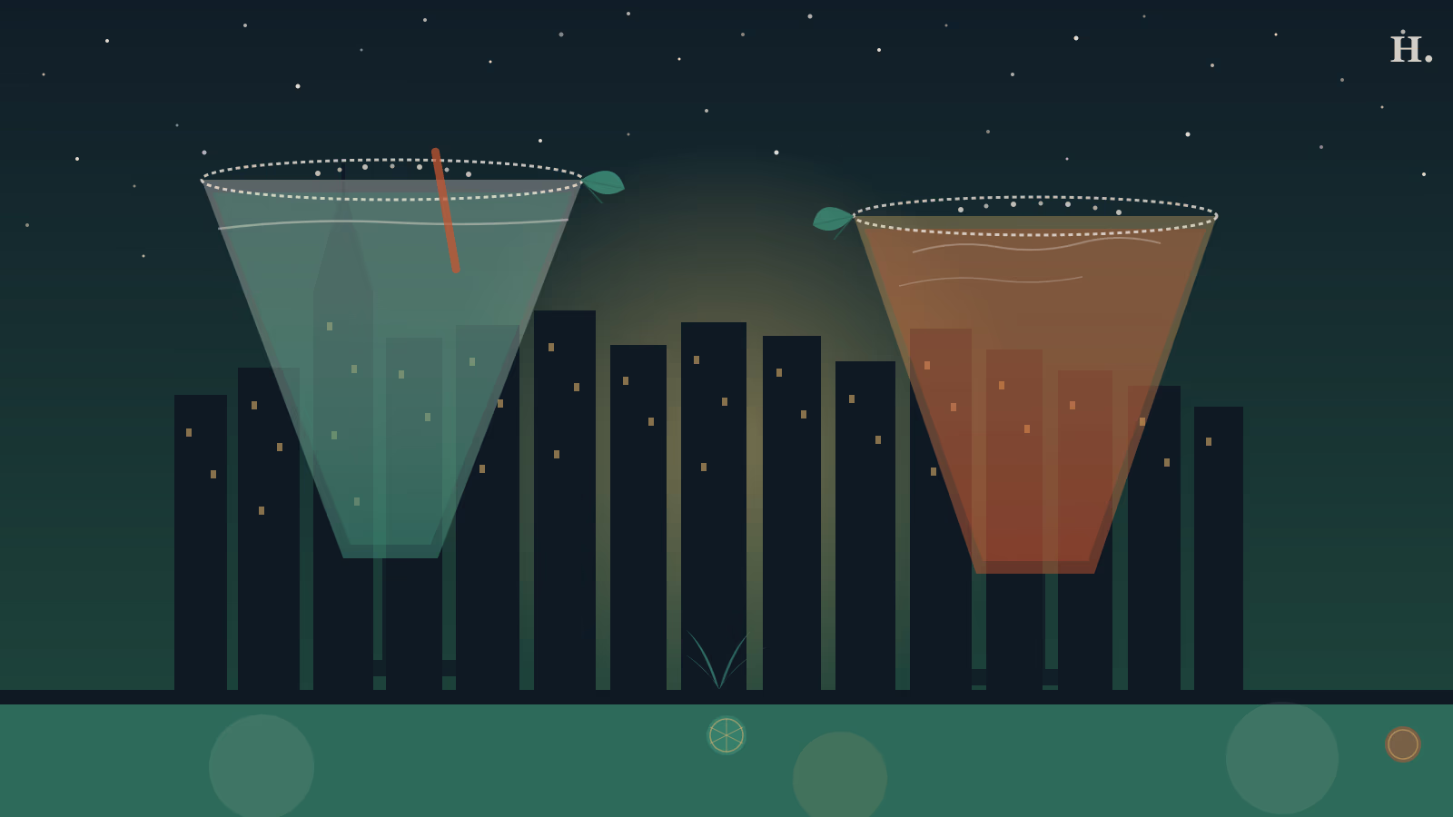 Two margarita glasses — one frozen teal, one smoky amber — against the Houston night skyline with lime wedges and salt rims