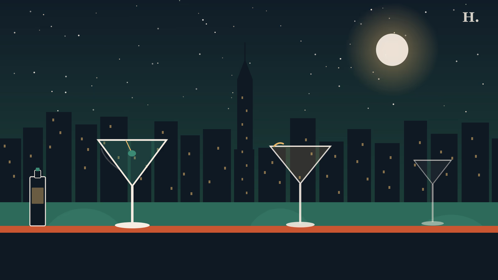 Best martinis in Houston illustration: martini glasses with olive garnish against the Houston night skyline