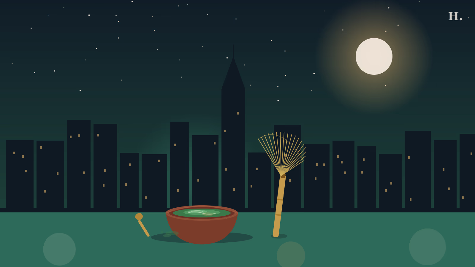 Best matcha in Houston illustration: chawan tea bowl with green matcha, bamboo whisk and Houston skyline at night