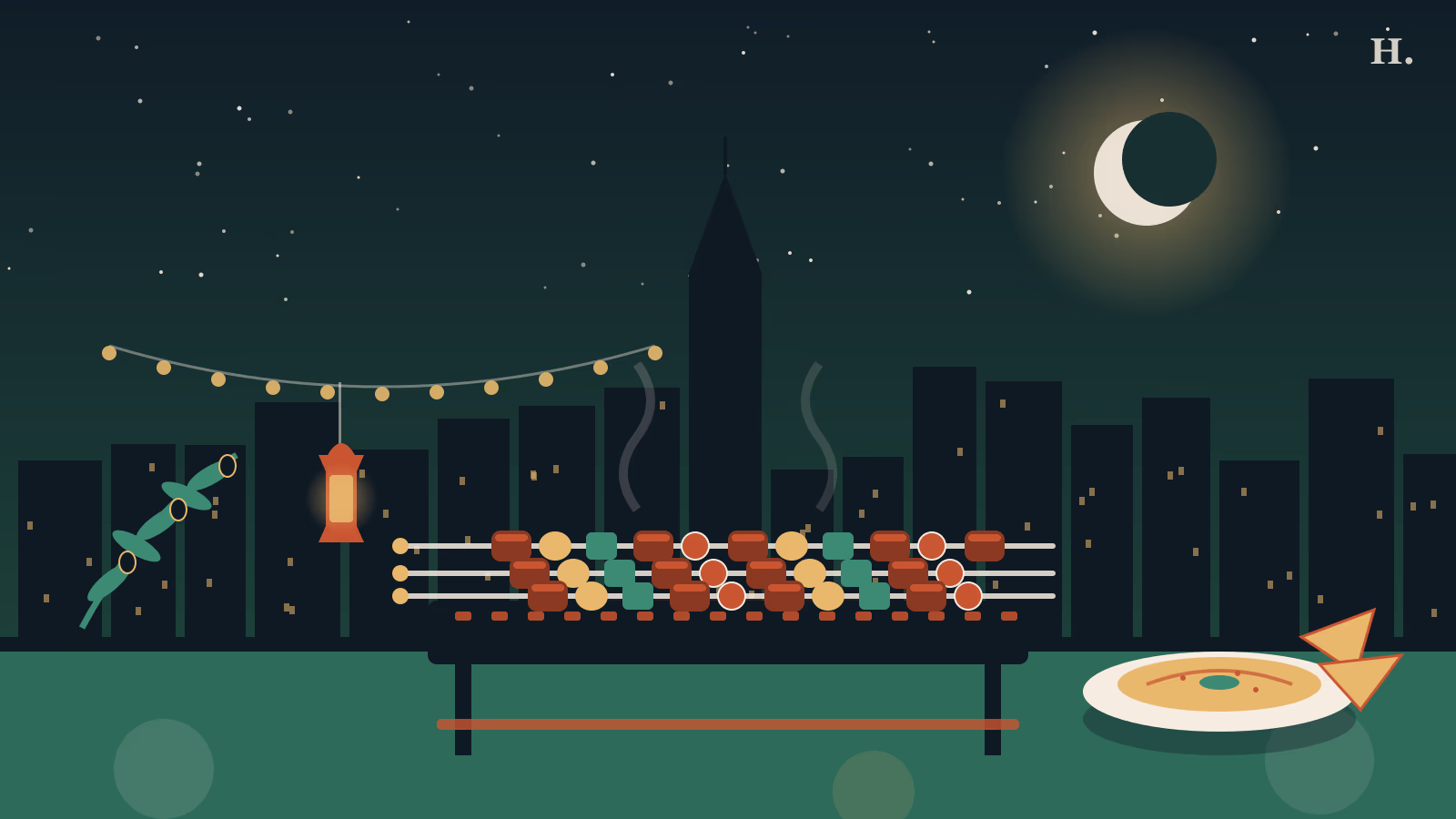 Mediterranean restaurants Houston illustration: kabob skewers, pita and hummus under a night skyline