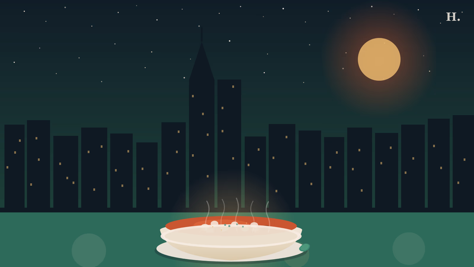 Steaming bowl of menudo in red chile broth with hominy, Houston skyline at night