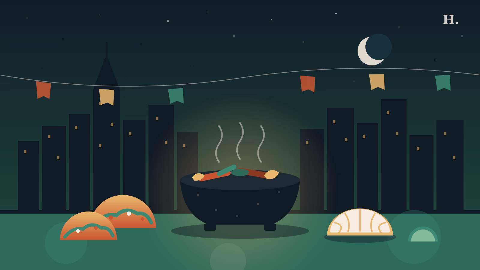 Illustration of a sizzling molcajete and tacos under the Houston skyline for Mexican and Tex-Mex restaurants Alief guide