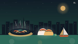 Mexican and Tex-Mex restaurants Atascocita illustration: sizzling fajita skillet, tacos and a Lake Houston sailboat at night