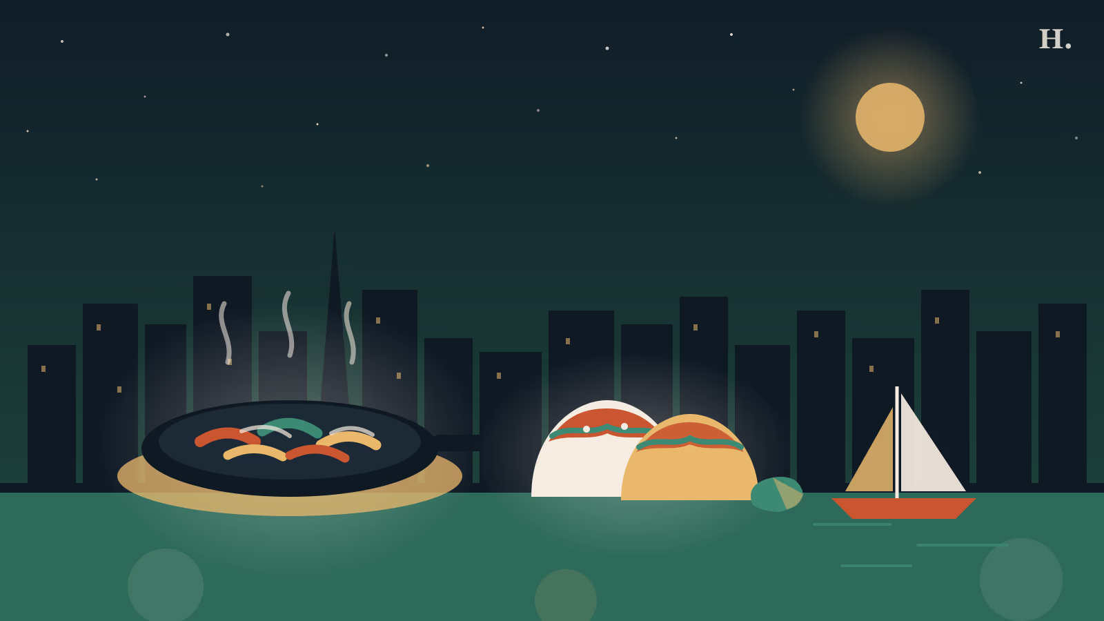 Mexican and Tex-Mex restaurants Atascocita illustration: sizzling fajita skillet, tacos and a Lake Houston sailboat at night