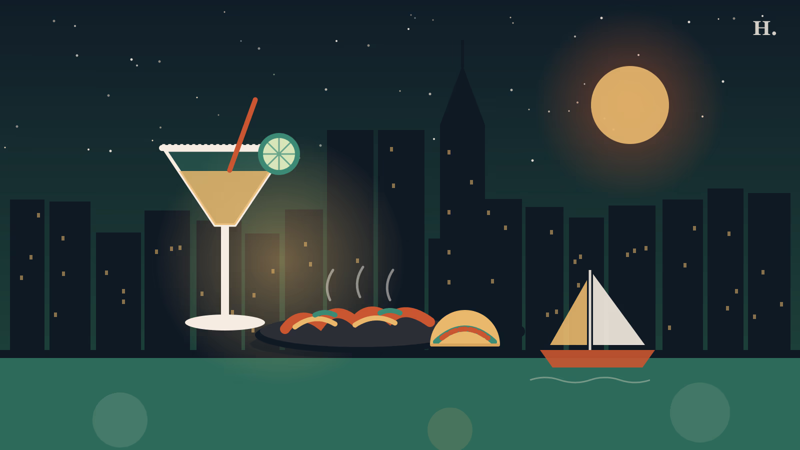Illustration of a margarita, fajita skillet and sailboat for Mexican restaurants Clear Lake guide