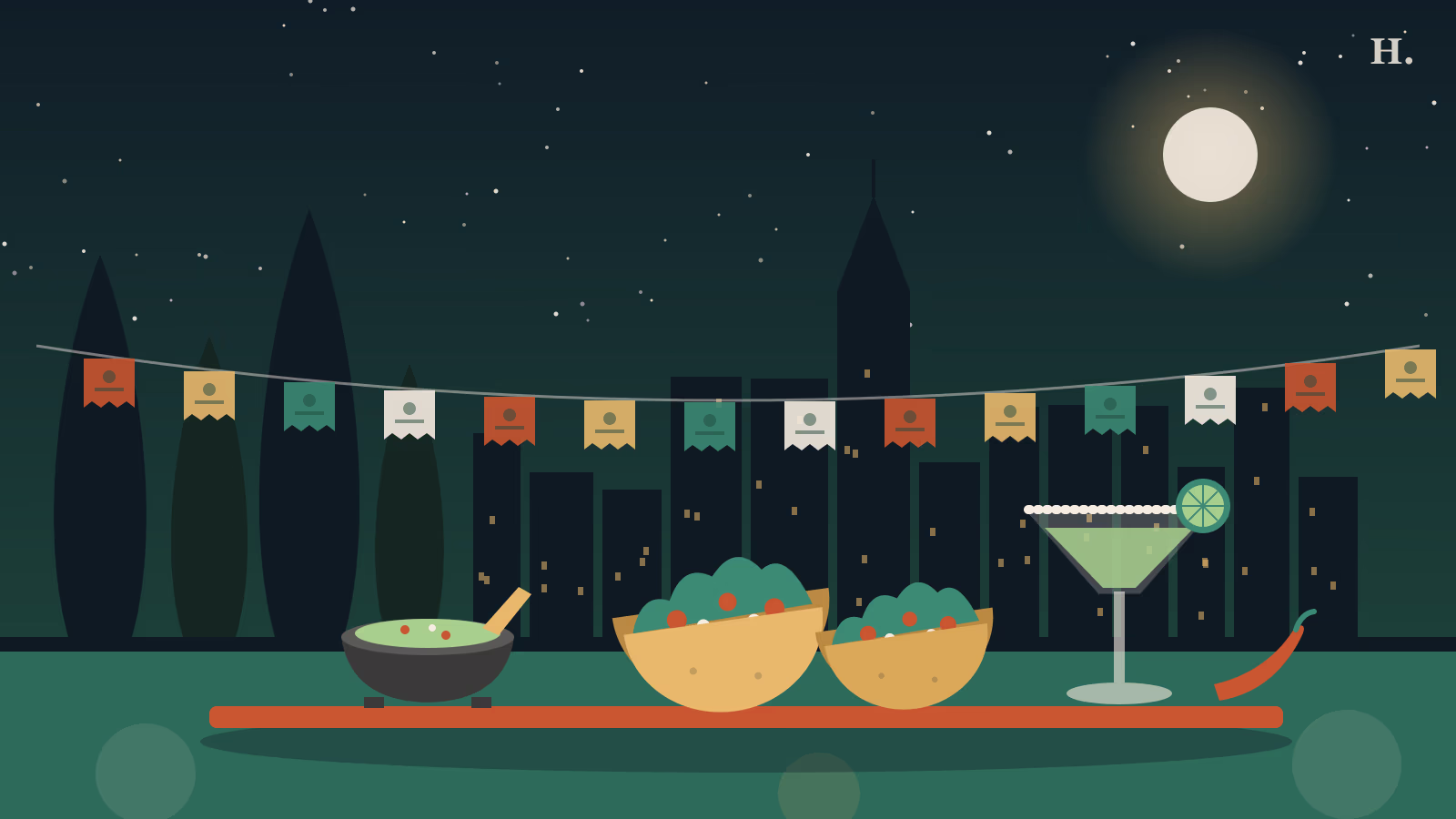 Mexican restaurants Cypress illustration: tacos, guacamole and a margarita under papel picado and cypress trees
