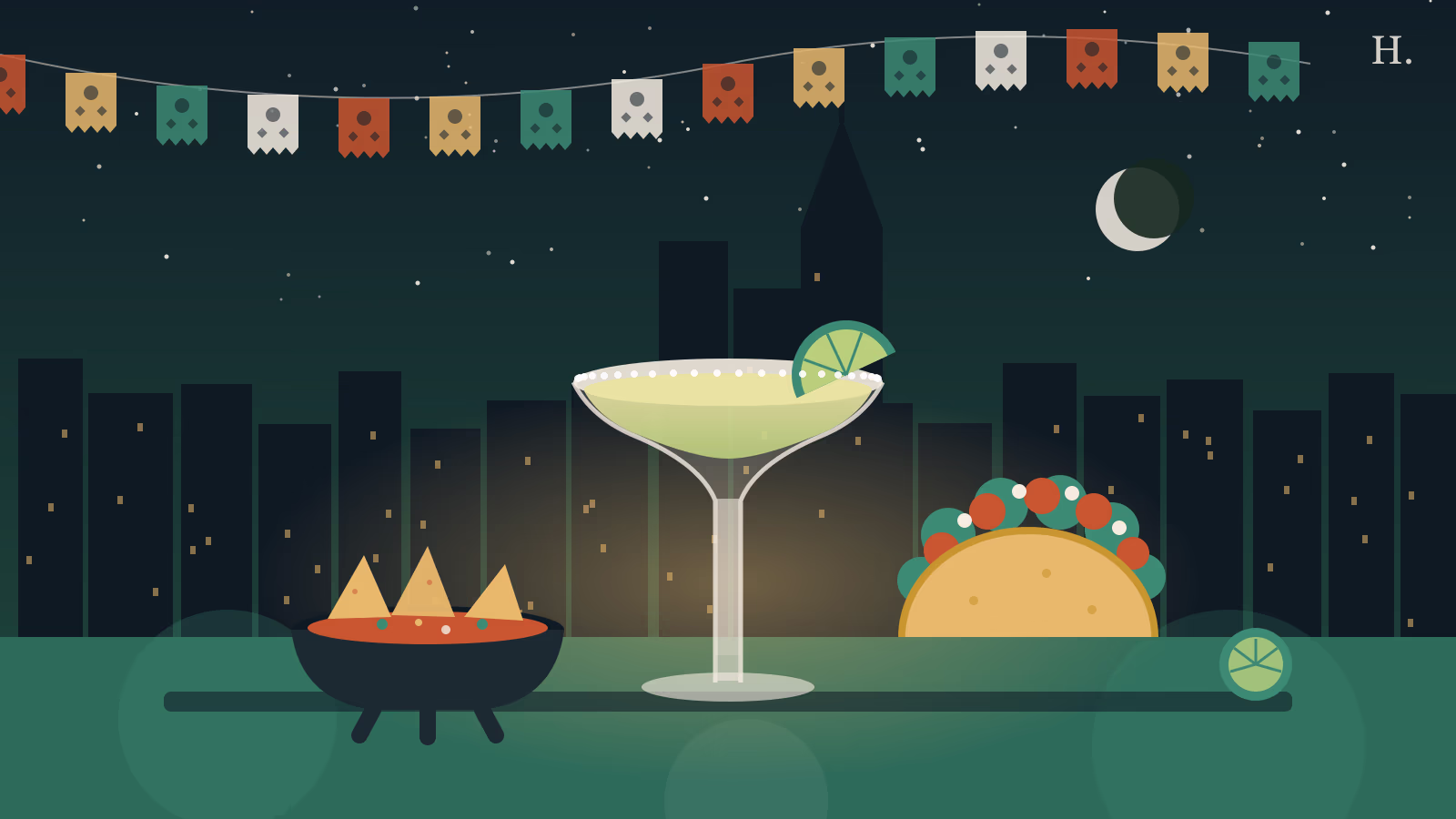 Mexican restaurants Downtown Houston illustration: margarita, taco and chips under papel picado and skyline