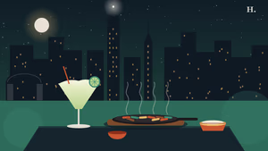 Illustration of a frozen margarita and sizzling fajitas, celebrating Mexican restaurants Galleria and Uptown at night