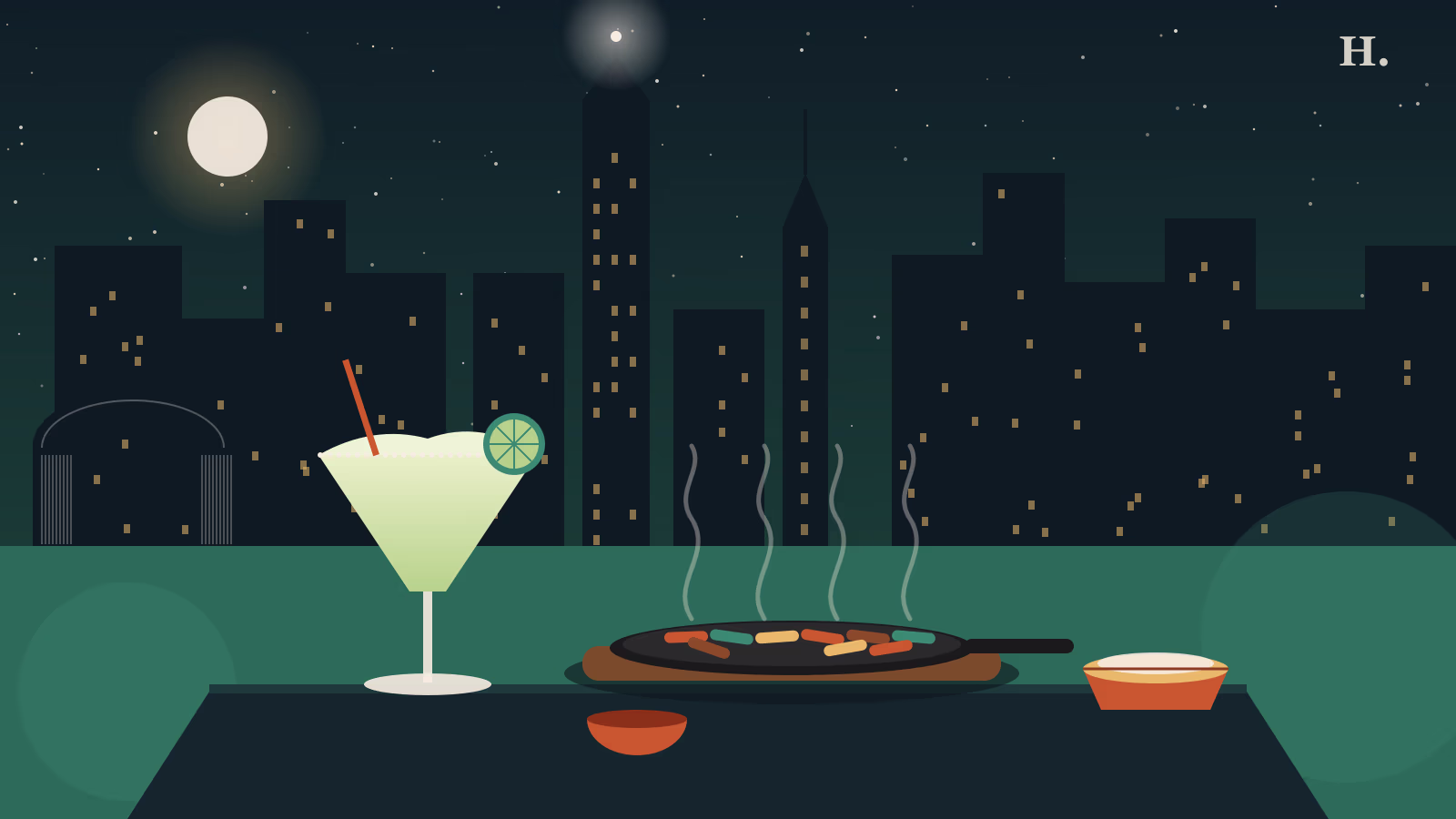 Illustration of a frozen margarita and sizzling fajitas, celebrating Mexican restaurants Galleria and Uptown at night