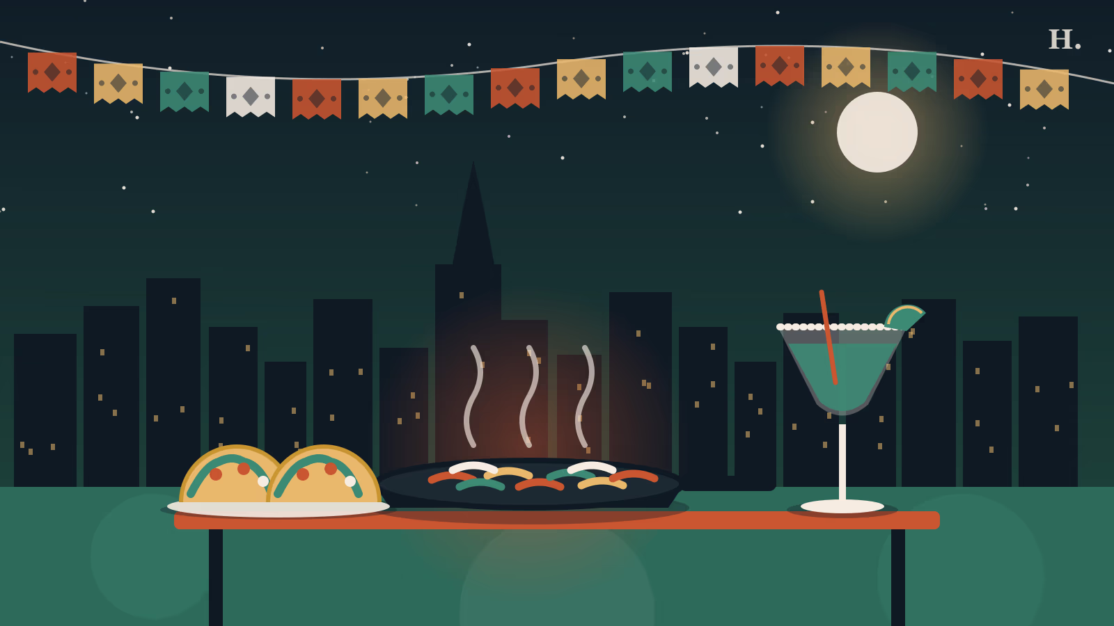 Illustration of Mexican restaurants Katy night scene with fajita skillet, tacos and margarita