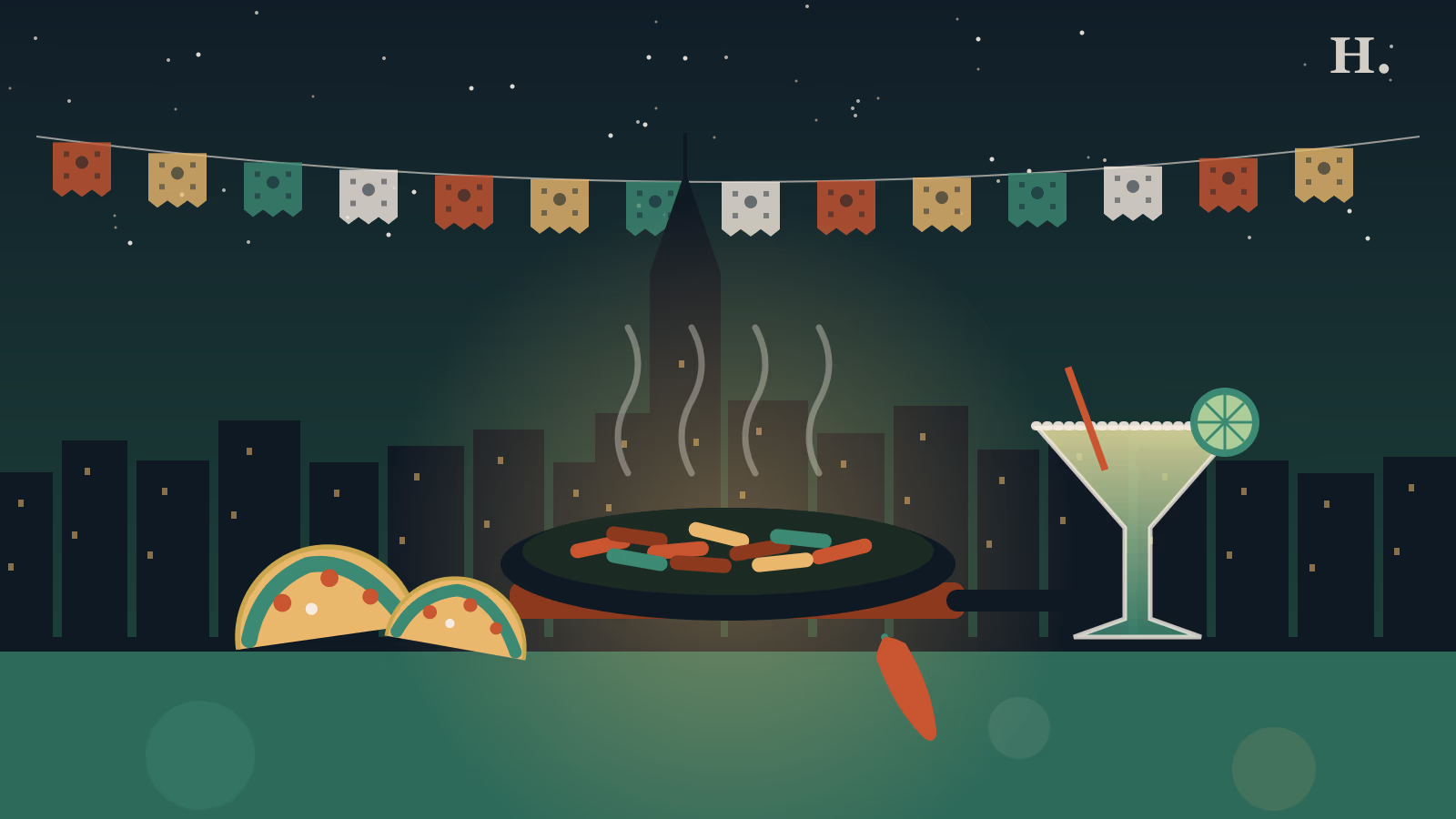 Mexican and Tex-Mex restaurants in La Porte illustration: sizzling fajita skillet, tacos and margarita